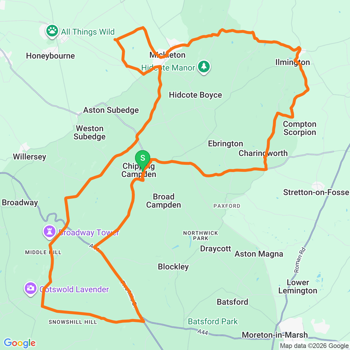 Route map for Chipping Campden · 48km loop
