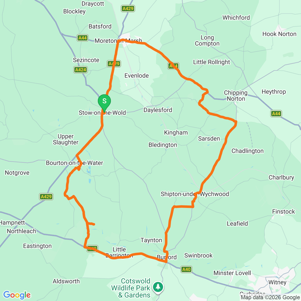 Route map for Cotswolds Classic — Stow / Bourton / Burford