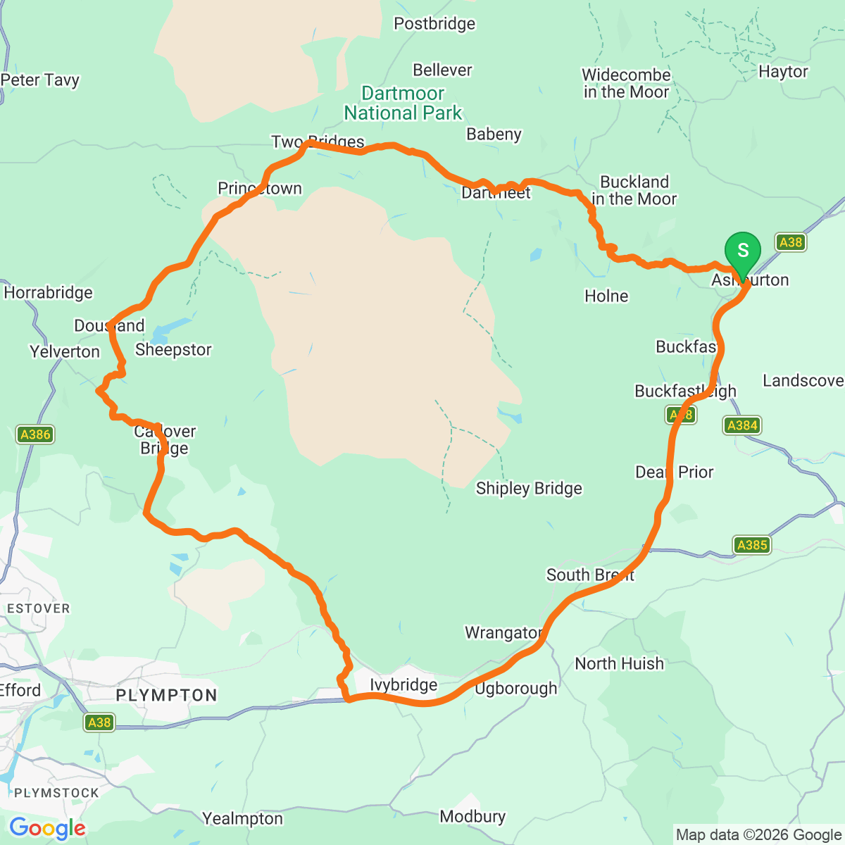 Route map for Dartmoor South Edge