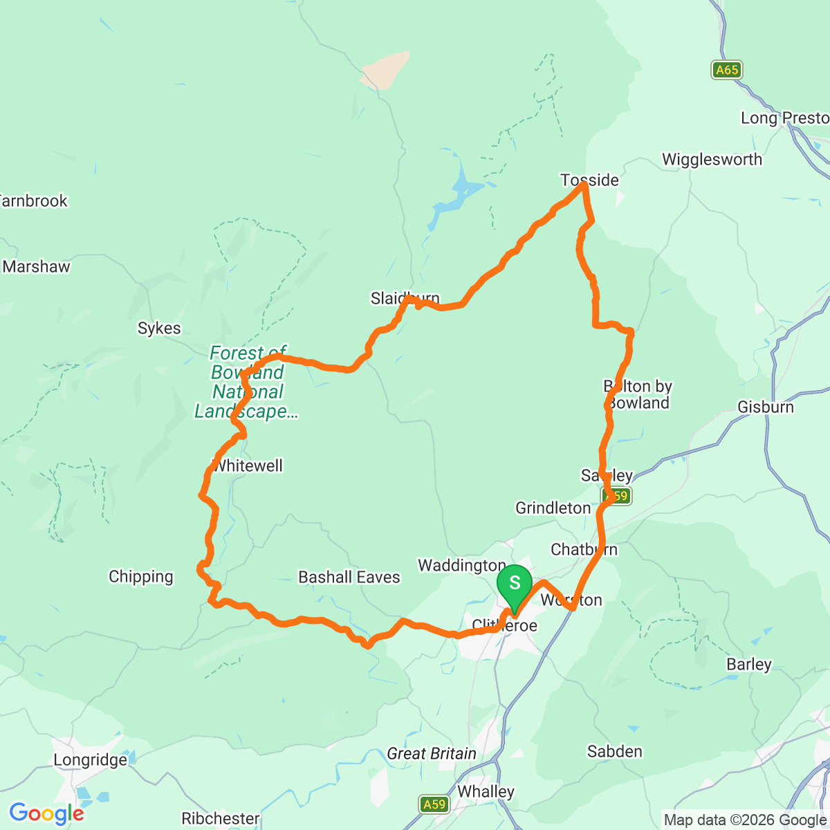 Route map for Forest of Bowland 50