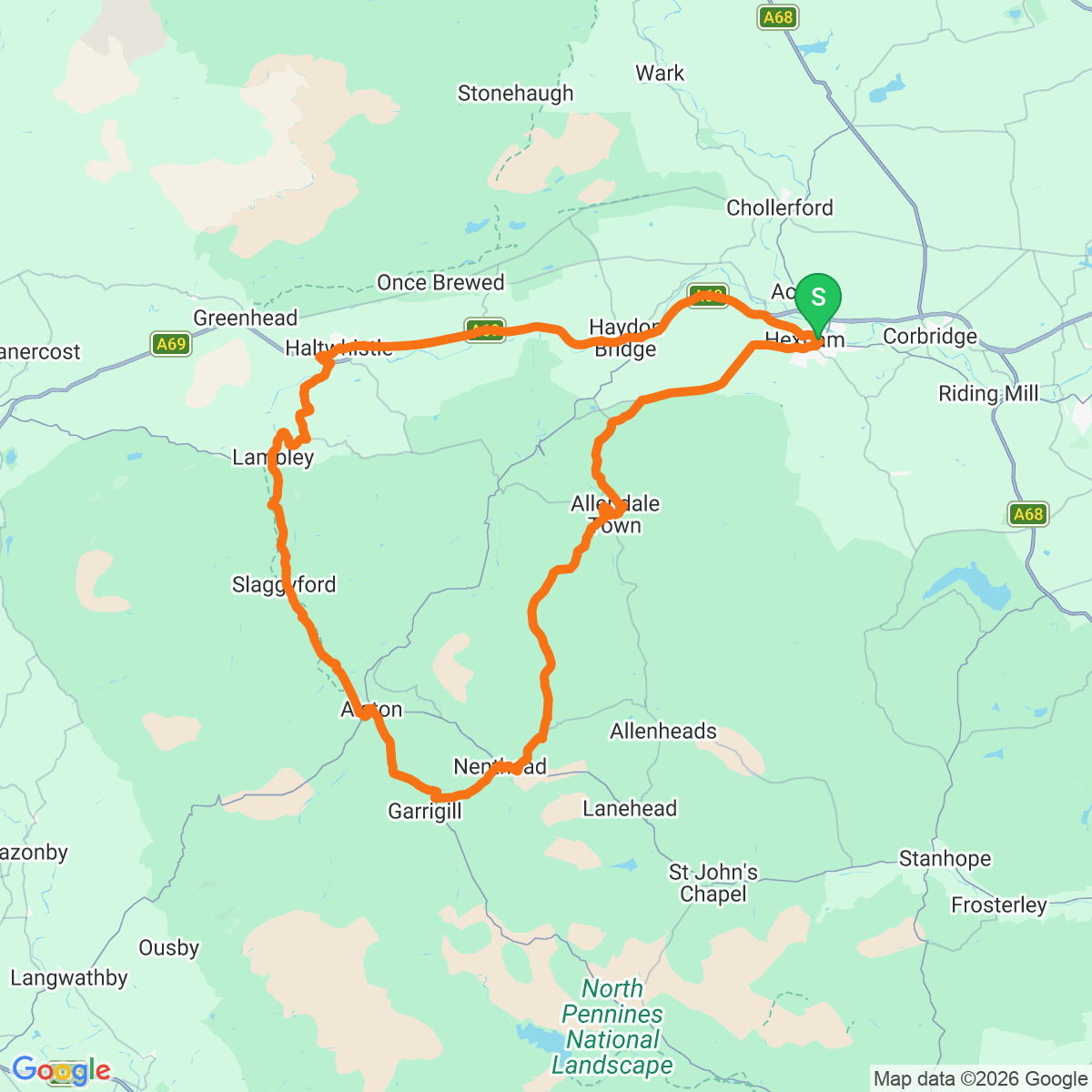 Route map for Hexham High Moors