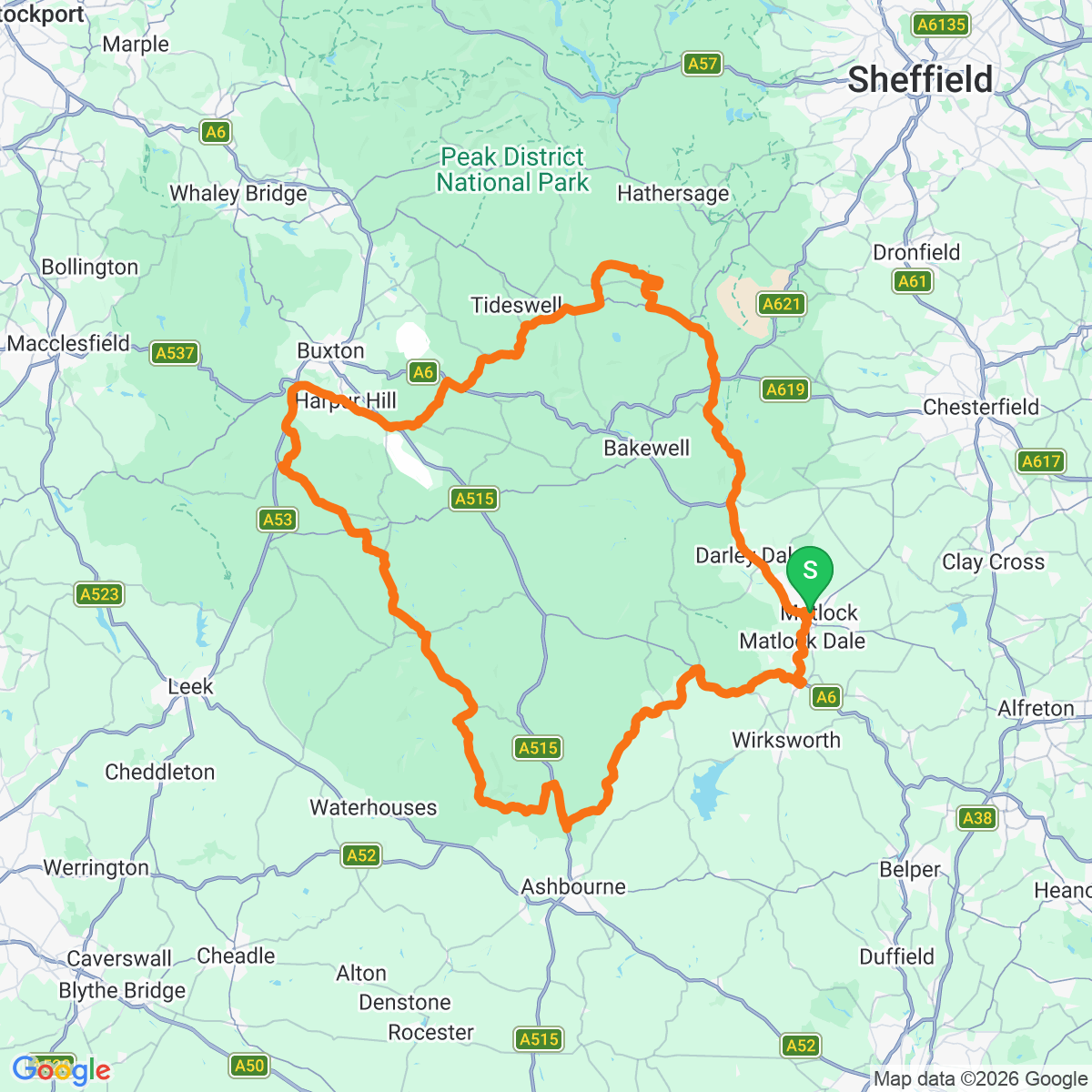 Route map for Matlock · 108km loop