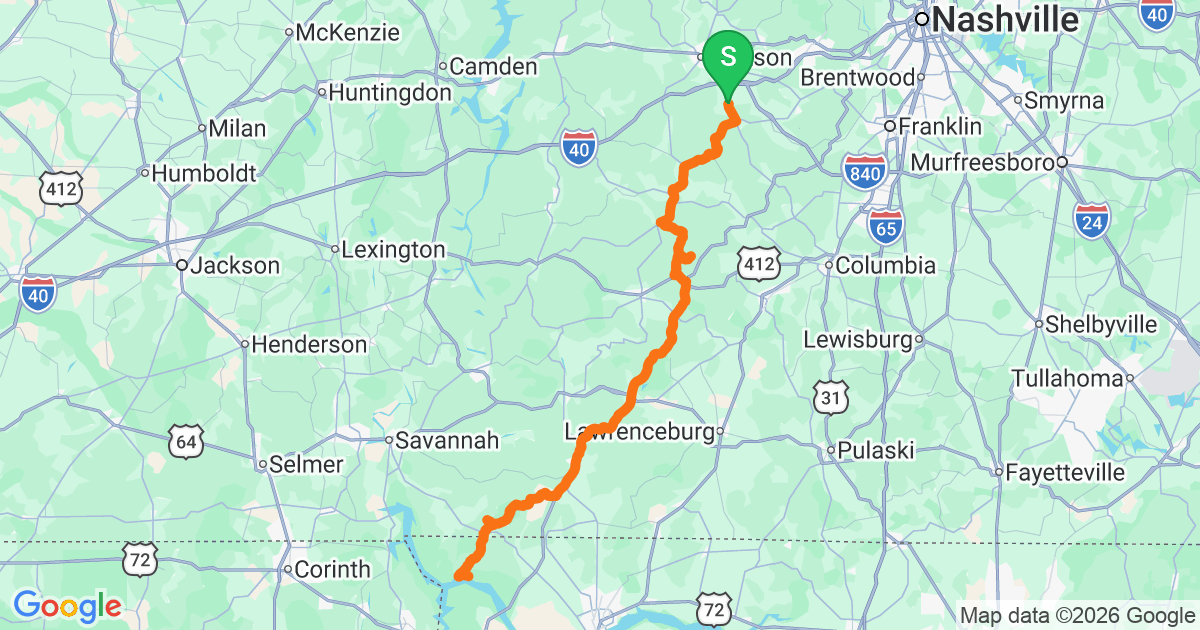 Natchez Trace — Northern route map