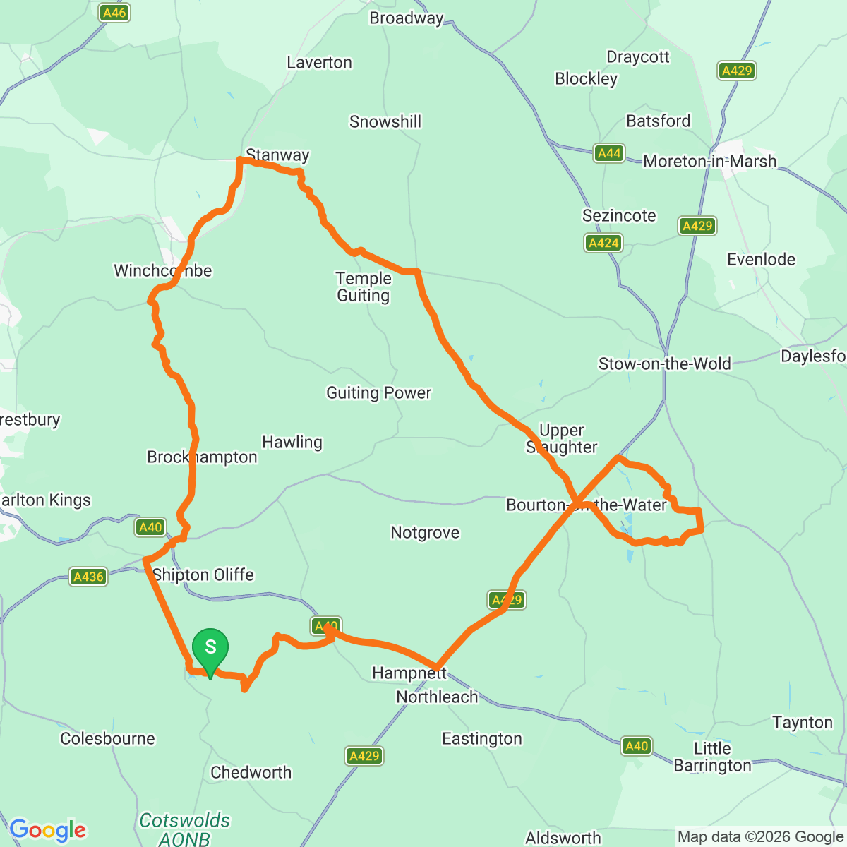 Route map for Northleach · 68km loop