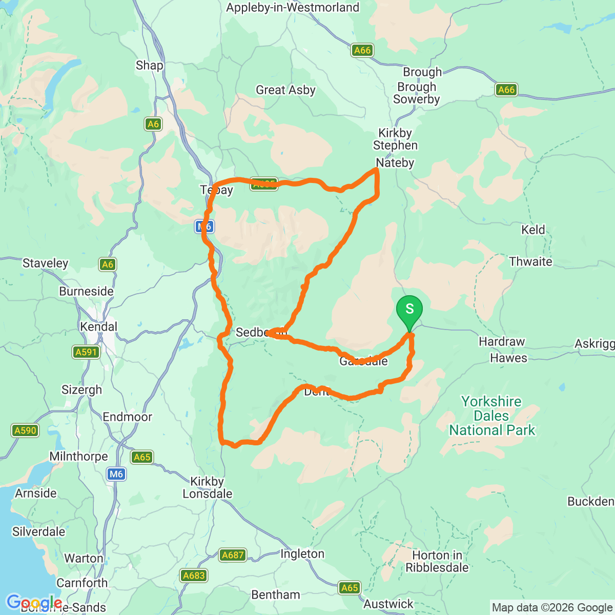 Route map for Sedbergh and the Howgill Fells