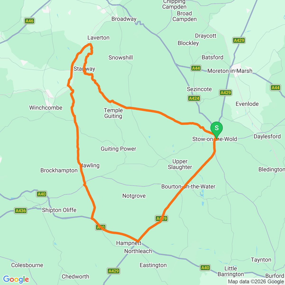 Route map for Stow-on-the-Wold · 58km loop