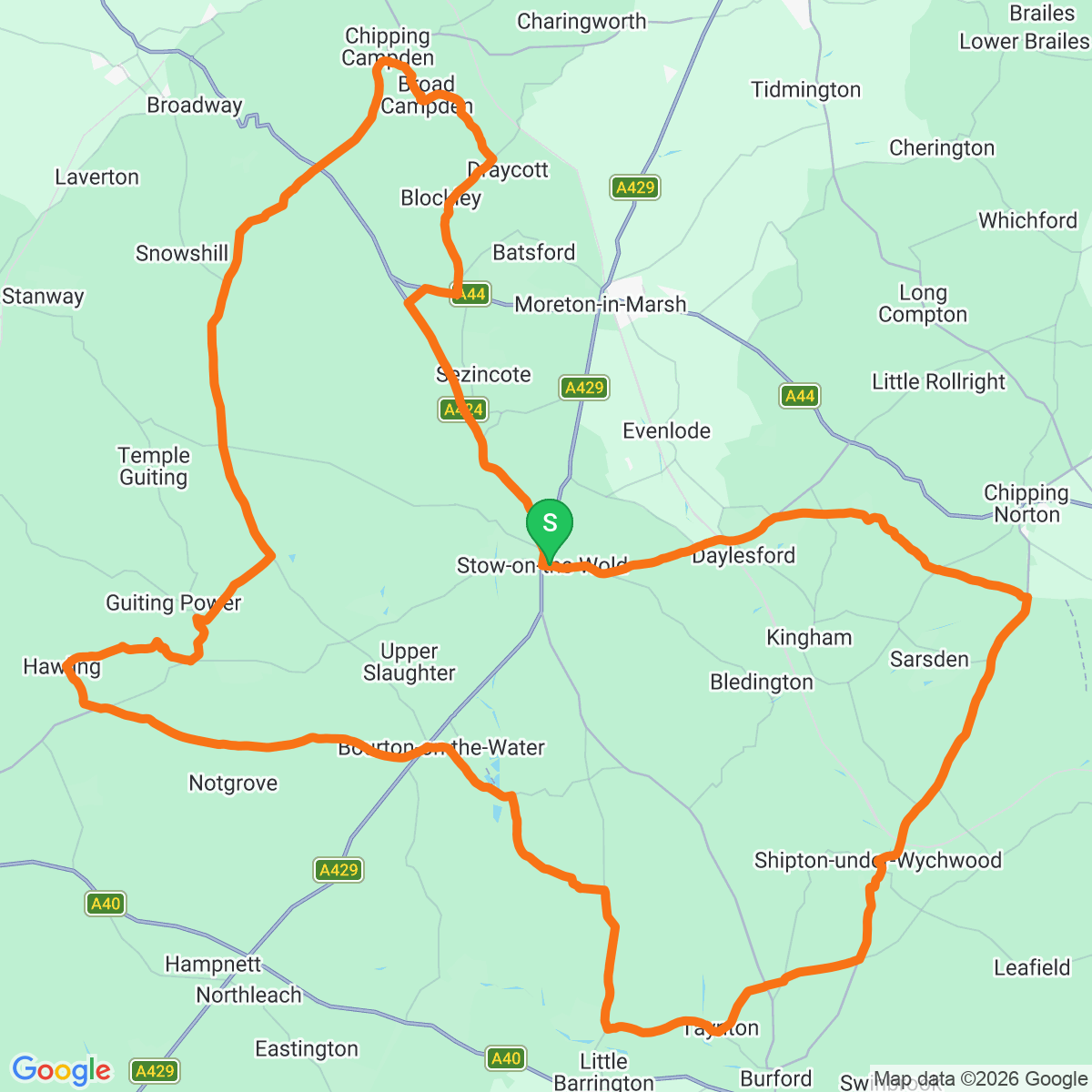 Route map for Stow-on-the-Wold · 94km loop
