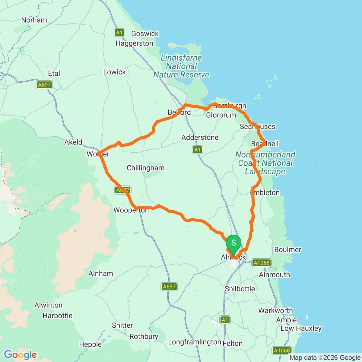 Route map for The Alnwick Coastal Loop